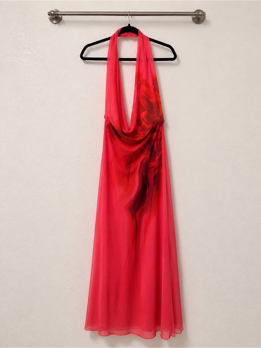 Zara Red and Pink Abstract Print Halter Maxi Dress